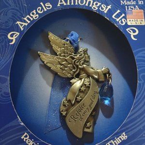 USA Made Pewter Angels Amongst Us ornament Gloria Duchin blue ribbon charm 3"